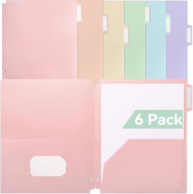 Plastic Folders with Pockets, 3 Hole Punched for 3 Ring Binder, 1/3 Cut Index Tabs for Quick Find, Pastel 6 Pack, Letter Size for School, Colorful Labels