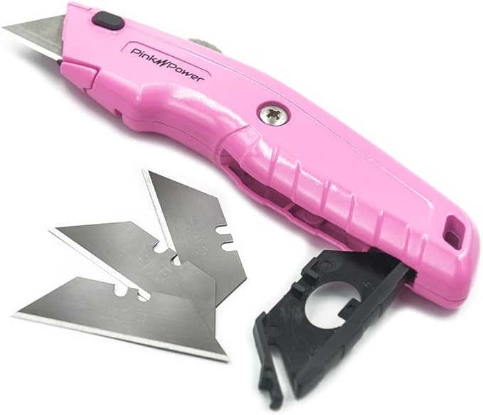 Pink Power Box Cutter Retractable, Pink Utility Knife for Carpet, Cute Box Cutter Knife Heavy Duty with 3 Blades and Storage Compartment - Opener Pocket Utility Tools for Women (1)