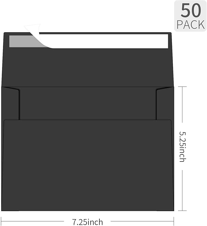 5x7 Envelopes For Invitation A7 Envelope black,50 pack 5x7 card Envelopes Self Seal,for weddings, greeting cards,baby shower,photos,birthday (50, Black, A7)