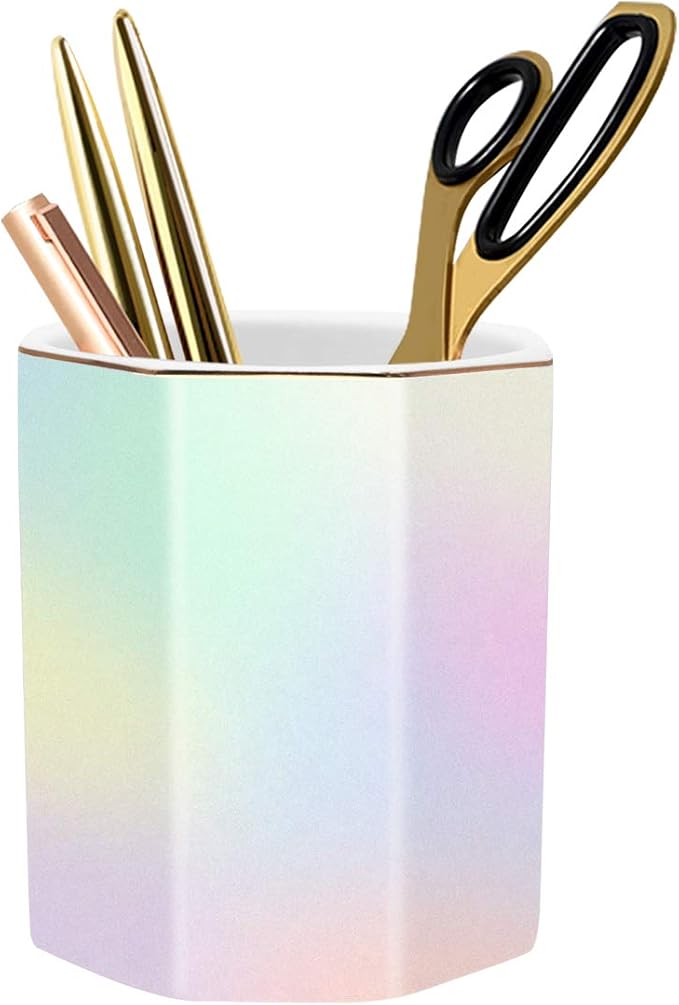 Pen Holder for Desk, Pencil Cup Holder Desktop Stationery Makeup Brush Organizer for Girls Durable Ceramic Desk Organizer for Office, Classroom, Room, Colorful