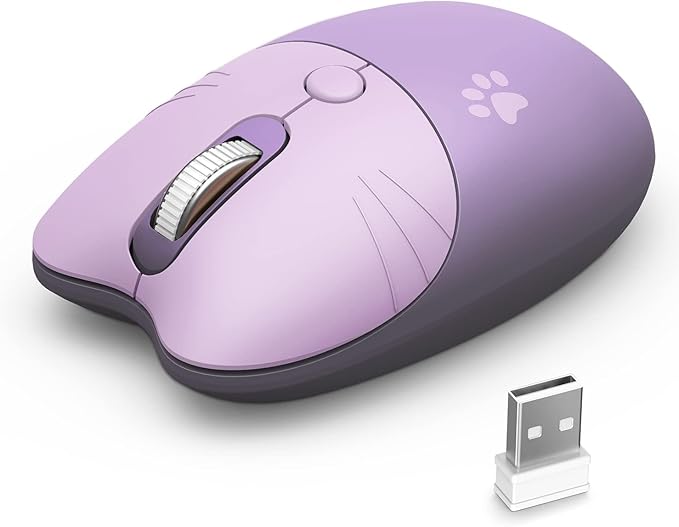 Cute Cat Wireless Mouse, 2.4GHz Wireless Silent Mouse, USB Receiver Plug and Play, 3 Adjustable DPI, Compatible with Notebook, PC, Laptop, Computer- Purple Colorful