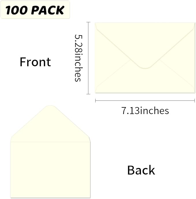 A7 Envelopes 100 Pack Envelopes 5x7 V-shaped Flap, Suitable for 5x7 Photos, Cards, Weddings, Invitations, Announcements, Baby Gifts 5.25 "x 7.25" (Cream Color)