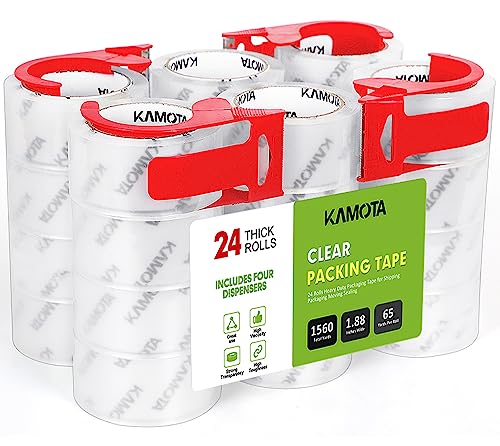 KAMOTA Packing Tape with Dispensers, 24 Rolls 1.88 Inch Wide Shipping Tape | Reliable sticking performance, works on carton surfaces, great for packing, mailing, moving and daily household sealing jobs