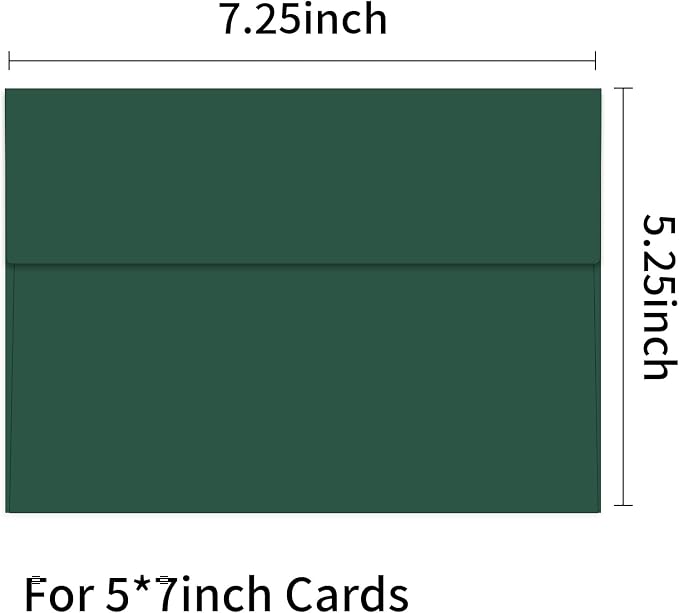100 Packs Green 5x7 Envelopes, A7 Envelopes for Card Invitation | 120gsm envelopes, 5.25x7.25 inch fits 5x7 cards, peel & press, for weddings/cards/baby shower/photos/graduation/postcards