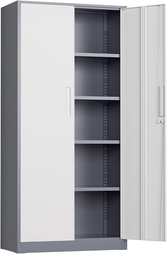 Metal Storage Cabinet, 72" Locking Steel Cabinets with 2 Door and 4 Adjustable Shelves, Tall Metal Cabinet for Home Office, Garage, Warehouse, New Grey