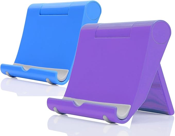Portable Adjustable Cell Phone Stand, 2 Pack, Universal Fit for Desktop, Tablet, Compatible with Most Phones & Devices (Purple+Blue) | Foldable Adjustable Mobile Dock, Universal Tabletop Mount, Multi-Angle Desk Stand Compatible with Smartphones & Mini ...