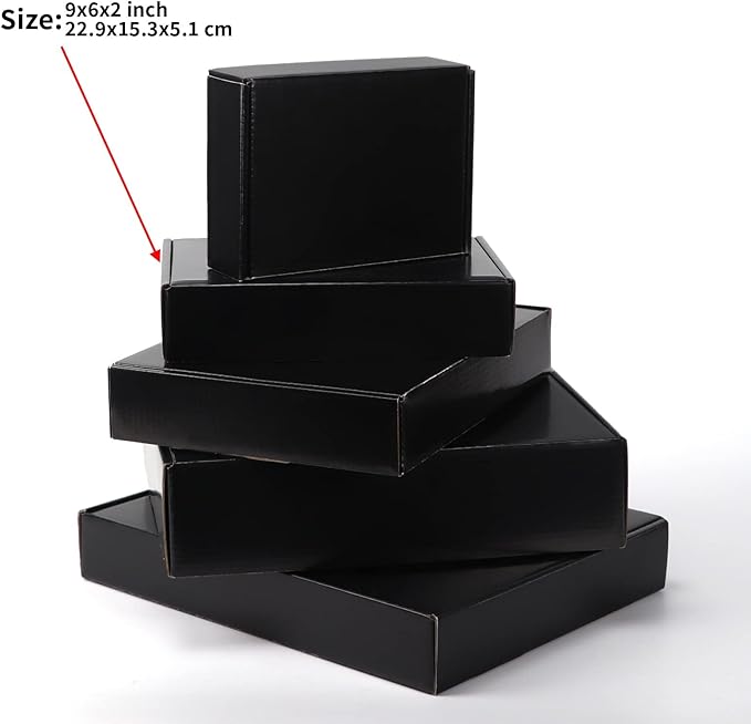 EXYGLO Shipping Cardboard Boxes for Small Business, Packing and Mailing, 9x6x2 - Pack of 25, Black