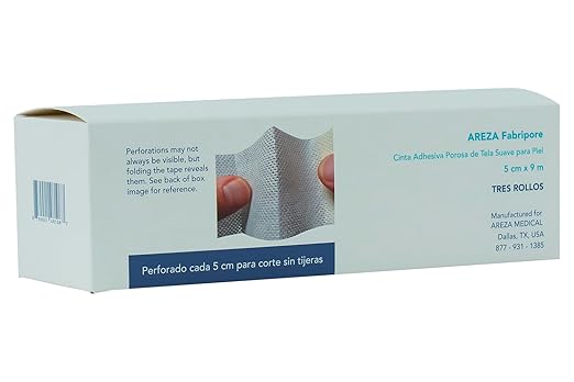 Areza Medical Surgical Tape - Porous Skin Soft Fabric Cloth Adhesive Tape - Fabripore - 2" x 10 yds. (5 cm x 9 m) - 3 Rolls per Box