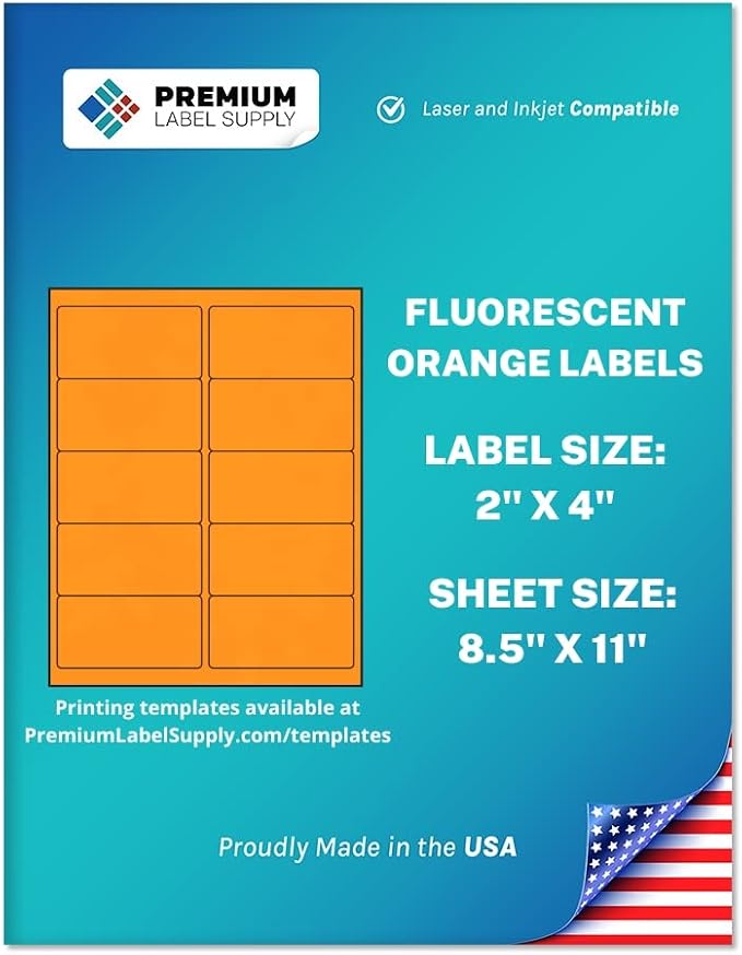 Premium Label Supply Bright Neon Color Fluorescent Stickers - 2" x 4" Labels - (Orange Fluorescent, 5000 Labels)