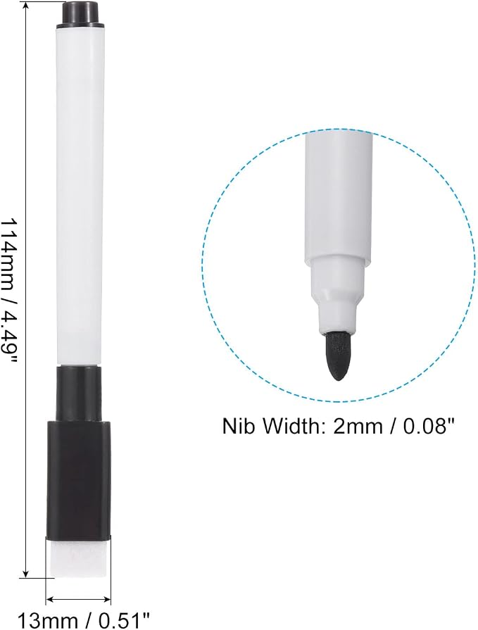 PATIKIL Dry Erase Marker Pens Black Ink Point with Eraser Cap 30Pcs | Marker Pens with Eraser Cap for Office Home Classroom, White Pen Rod