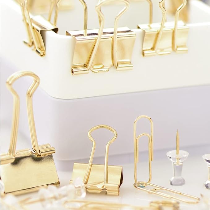 Paper Clips Binder Push Pin Set, Assorted Sized Binder Clips | Cute Office Supplies, Aesthetic Desk Accessories Teachers Desk Must Have, Paper Clips and Binder Clips Set, Gold, 3 Pack