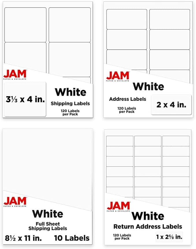 JAM PAPER Shipping & Mailing Address Labels - Multi Size Assortment - White - 370/Pack