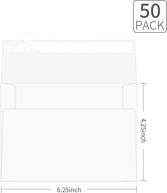 4x6 Envelopes For Invitation,A4 Envelope white,50 pack 4x6 card Envelopes Self Seal,for weddings, greeting cards,baby shower,photos,birthday (50, White, A4)