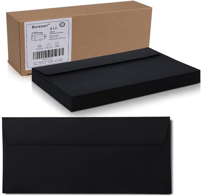 100Qty#10 Black Business envelopes 4.125x9.5In- windowless design 120GSM paper envelopes