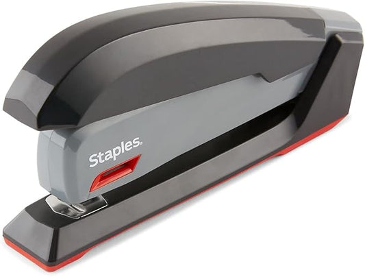 Staples One‑Touch Desktop Stapler, Full‑Strip Capacity, Gray/Black/Red – Smooth‑Press Stapler