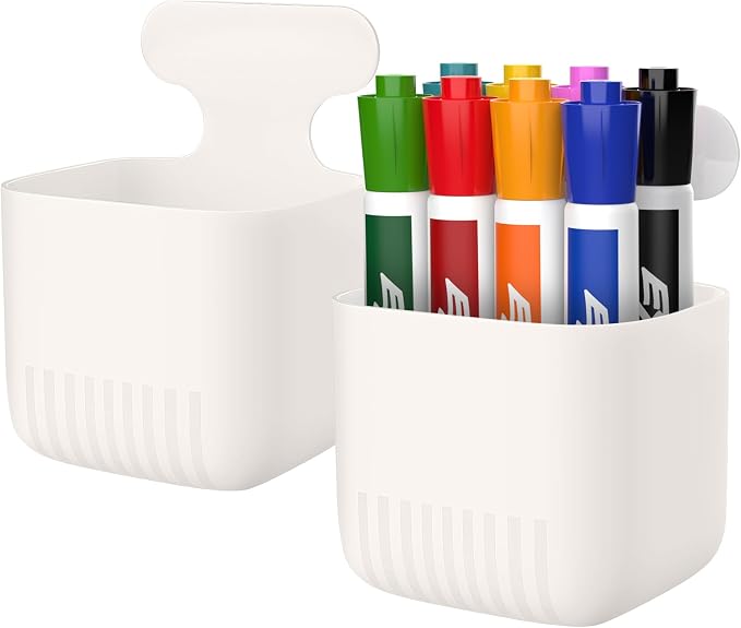 MoKo Magnetic Pen Holder, 2-Pack Whiteboard Organizer, White | Magnetic dry erase marker holder has a full magnetic back and sturdy ABS body; each measures 6.3 x 3.7 x 3.7 inches.