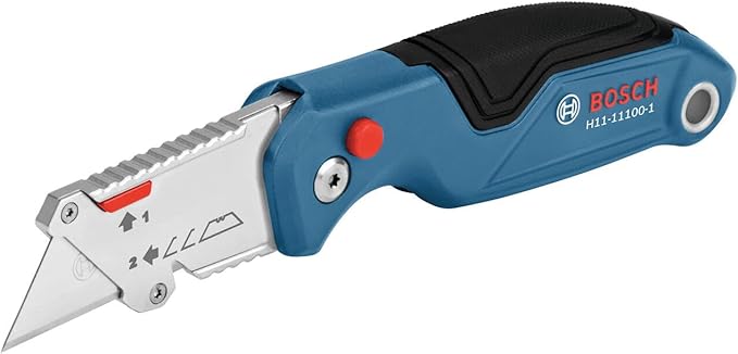BOSCH H11-11100-1 Folding Utility Knife | Compact, Portable, and Durable with Integrated Blade Storage, Thumb Rest, and Includes Belt Clip, Strap Cutter, 3 Blades