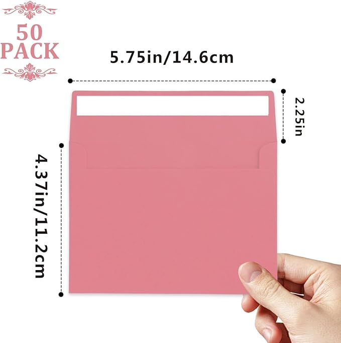 50 Packs Invitation Envelopes,Postcard Envelopes, A2 Envelopes Pink, Envelopes for Invitations, Envelopes for 4.5x5.5 Cards, Greeting Cards，Envelopes Self Seal for Photos