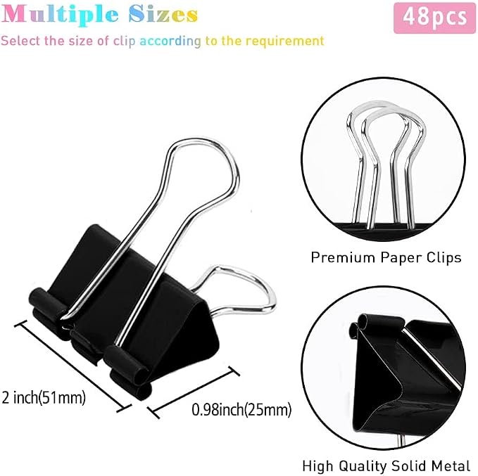 Extra Large Binder Clips, 48 Pack, 2 Inch, Standard 51mm, Black, Capacity 0.86 Inch, Metal Paper Clips, Fold Clamp, Office Clips, School & Home Use