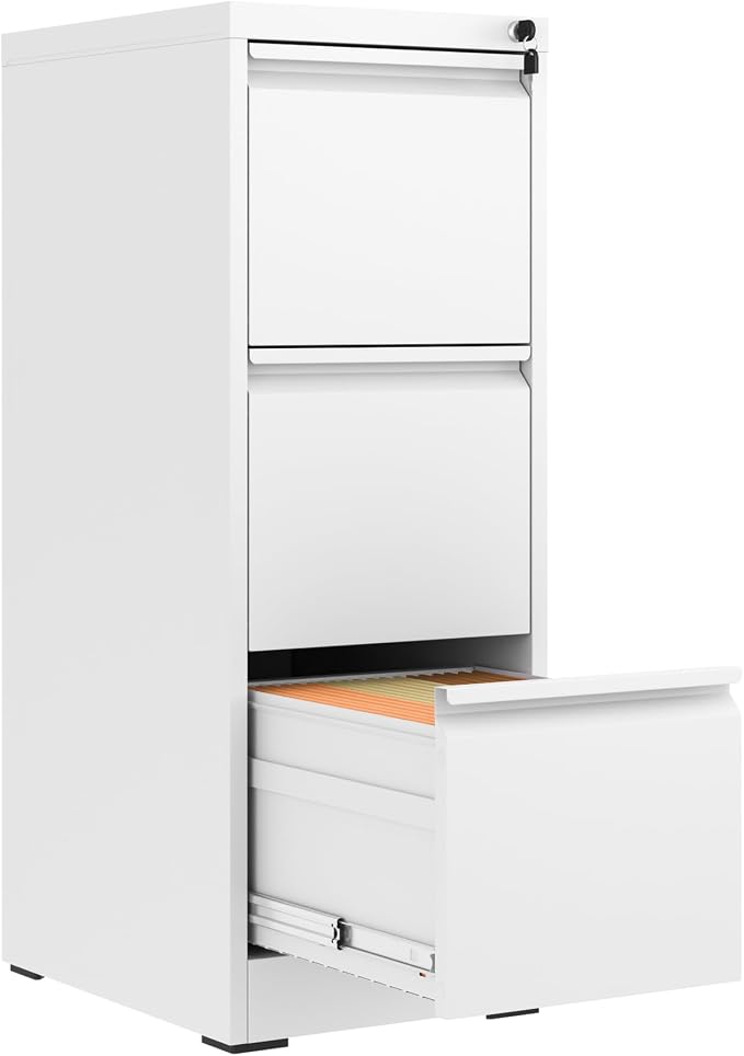 3 Drawer File Cabinet with Lock,Metal File Cabinet for Home Office | White Vertical Filing Cabinets Heavy Duty Office Storage Cabinets for Letter/Legal/A4/F4 Size File, Assembly Required