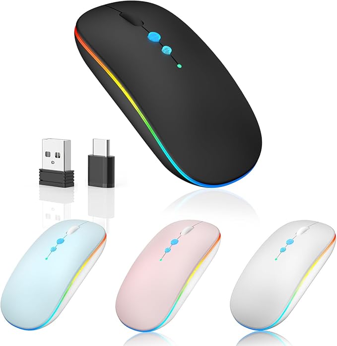 LED Wireless Mouse A100S Rechargeable Portable Silent Mouse with Optional USB and Type-C Receiver 3-Speed Adjustable DPI for PC/Mac/Laptop (Frosted Black)