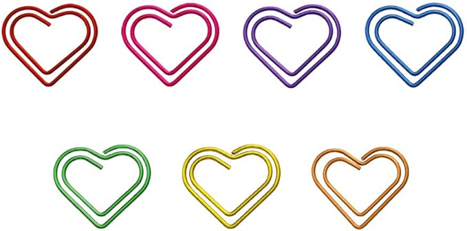 OWLFAVO 140pcs Heart Shape Paper Clips with Clear Box, 7 Metallic Colors, Funny Cute Paperclips Bookmarks Planner Clips for Fun Office Supplies School Gifts Wedding Decoration