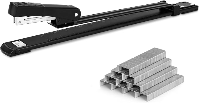Deli Long Reach Stapler with 1000 Staples, 20 Sheet Capacity, Black | Long Arm Standard Staplers for Booklet or Book Binding