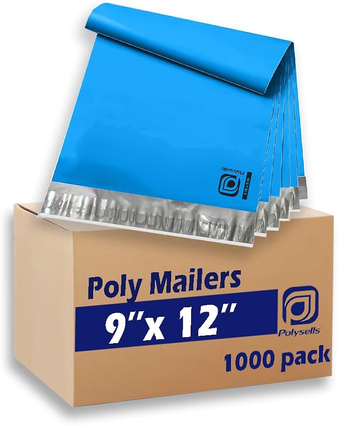 POLYSELLS 1000 pcs 9x12 Inches Blue Poly Mailers Shipping Envelopes, Strong Adhesive Sealing, Waterproof, and Tear-resistant Postal Mailing Bags for Clothing and Accessories