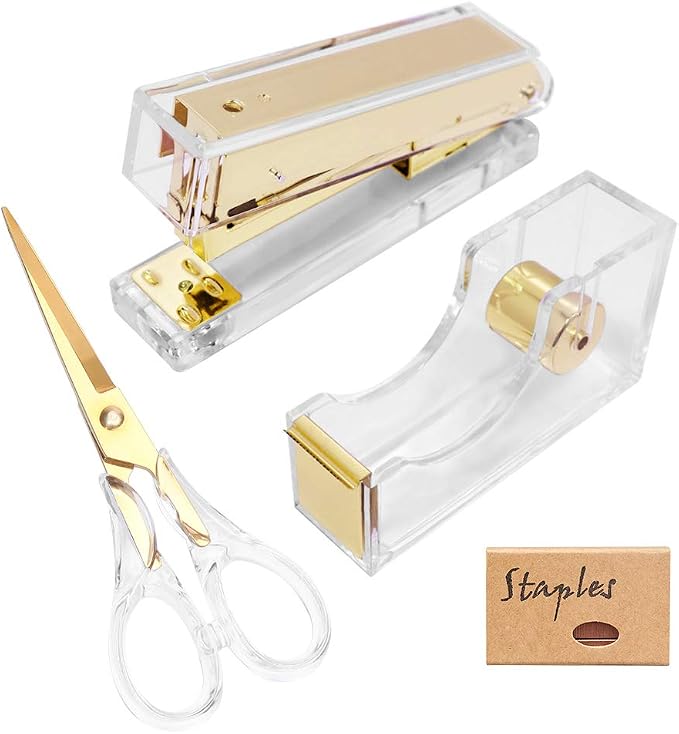 MultiBey 1-Inch Core Clear Acrylic Gold Tape Dispenser Stapler Scissors Set | Clear Acrylic Gold Set with Tape 24/6 Rose Gold Staples, Acrylic Scissors Stationery Desk Stapler Office Supplies