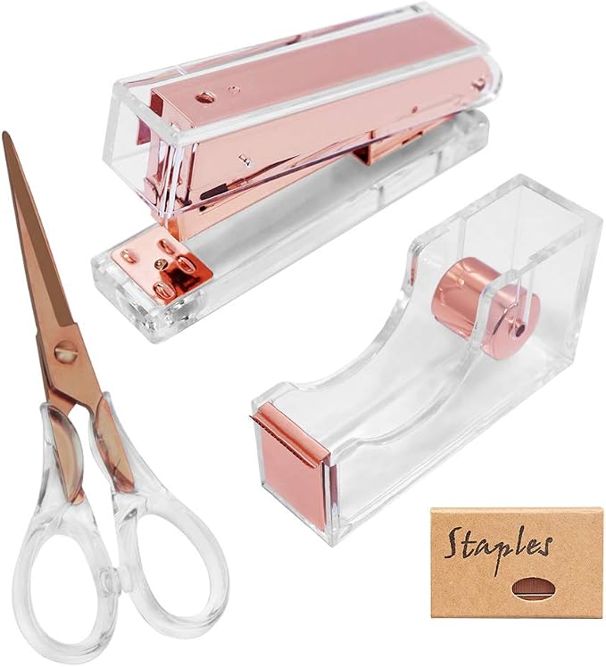 MultiBey Rose Gold Stapler and Tape Dispenser Set | Clear Acrylic Stationery Set with Scissors, Acrylic Tape Dispenser and Desktop Stapler 950 Staples