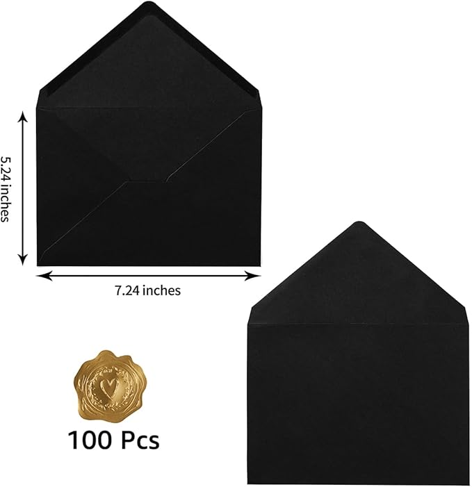 100 Pieces A7 Envelopes Black 5x7 Envelopes for Greeting Cards, Birthday, Weddings, Baby Shower Invitation Cards (Black, 5.24 x 7.24 Inches)