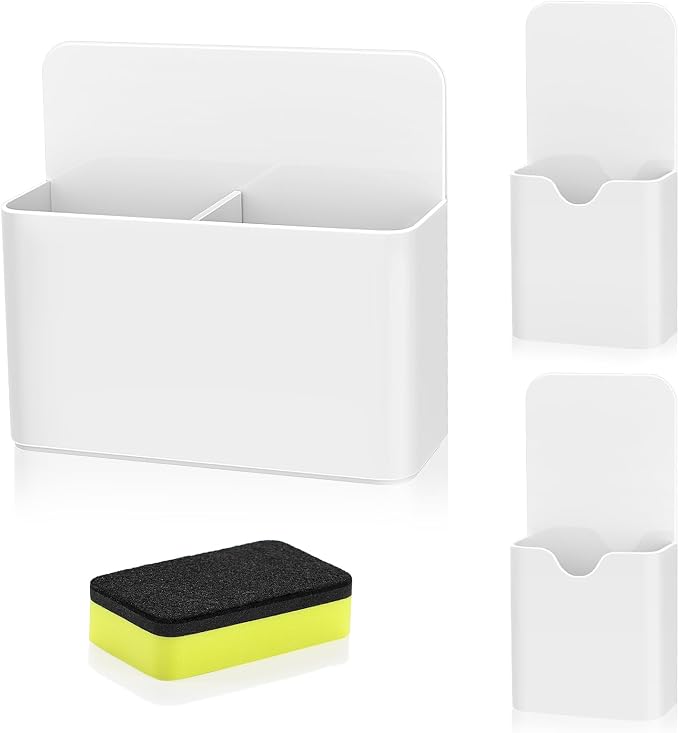 MoKo Magnetic Pen Holder Set, 3-Pack with Eraser, White | Magnetic dry erase marker holder set has one large divided organizer, two small holders and one eraser.