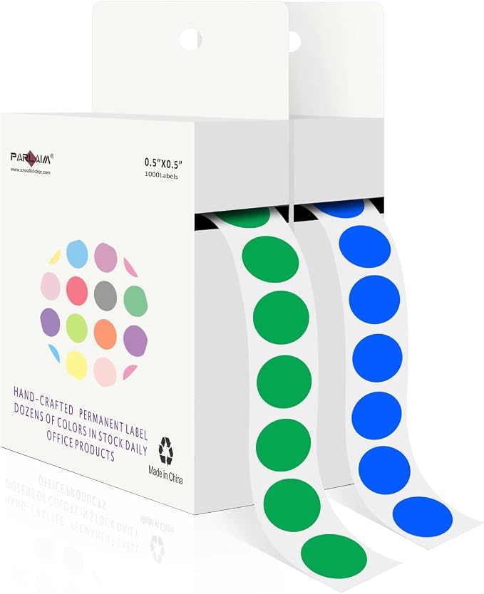 PARLAIM 1/2" Round Color-Code Dot Stickers,Adhesive 2000 Stickers Rolls dots Label Dispenser Box Green Circle Stickers Labels(Green+Blue)