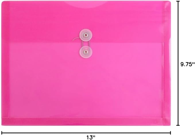 JAM PAPER Plastic Envelopes with Button & String Tie Closure - Letter Booklet - 9 3/4 x 13 - Fuchsia - 3/Pack