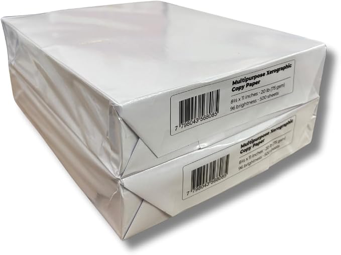 Multipurpose Copy Paper, 8.5 x 11 Inches, 20 lb, 96 Brightness, 500 Sheets per Ream, 2 Pack