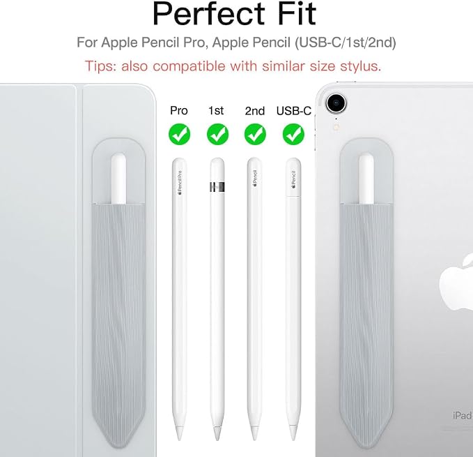 MoKo Adhesive Pencil Case Holder Sticker for Apple Pencil, Silver Grey | Elastic Pencil Pocket Pouch, Adhesive Sleeve, Attached to iPad Case, For Pro/USB-C/1st/2nd Gen and Similarly Stylus Pens