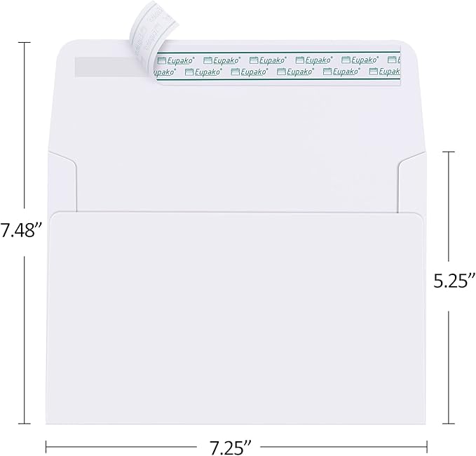 Eupako 5x7 Envelopes Self Seal 250 Pack, White A7 Envelopes, Kraft Paper Envelope for 5x7 Cards, Photos, Invitations, Wedding, Graduation, Baby Shower, 5.25 x 7.25 Inches