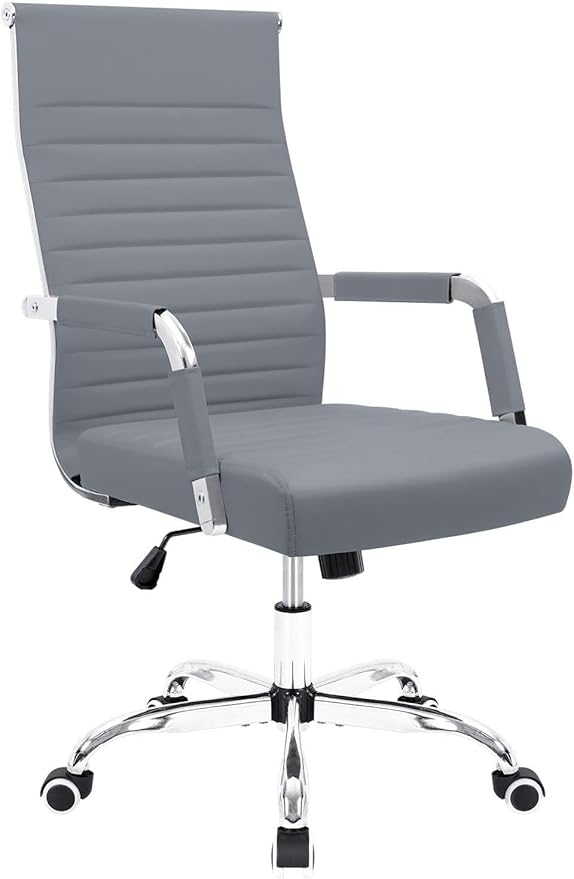 Furmax Ergonomic Office Desk Chair, Executive Ribbed Mid-Back PU Leather Conference Room Chair Adjustable Swivel Chair with Arms (1, Grey)