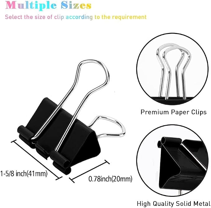 Black Binder Clips, 72 Pack, Non-Standard 41mm, 1.6 Inch, Large Clips, Capacity 0.66 Inch, Paper Clips, Office Clips, Office and School Supplies