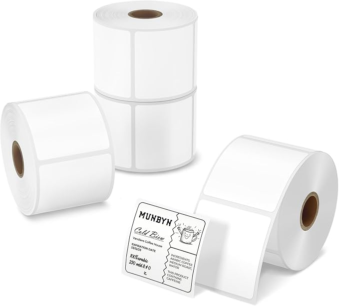 MUNBYN 2x2 Thermal Labels, 3000 Sheets/4 Roll，White | Strong Adhesive & Perforated, Non BPA&BPS for Small Business, Barcode, Bakery, Shipping