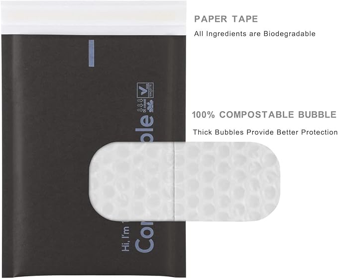 6x10 100% Biodegradable Bubble Mailers,25 Count Kraft Black #000 Compostable Padded Packaging Wrap Envelopes Pouches Eco Friendly Self Seal Bags