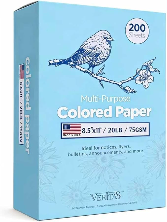 Veritas Color Copy Paper,Multi-Purpose paper,Colored Printer Paper 8.5” x 11”, 20 lb / 75 GSM,Blue,200 Sheets (1 Reams)，Made in USA