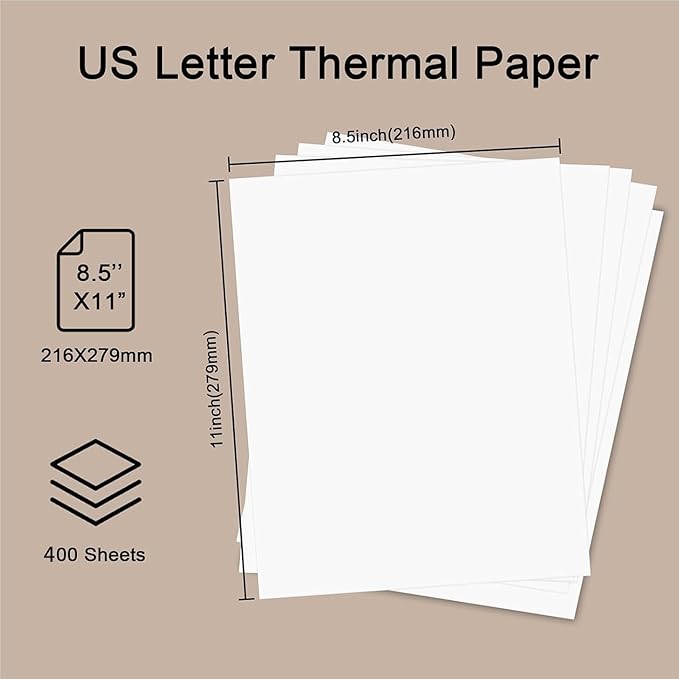 400 Sheets Thermal Printer Paper 8.5 x 11 Inches, Single US Letter Size Office Paper Products for N80/ A28U/ PD-A4 Portable Printer, Inkless and Wireless Printers, Advanced Value Set.