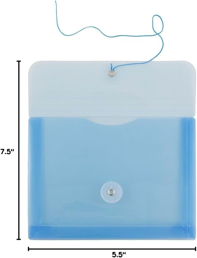 JAM PAPER Plastic Envelopes with Button & String Tie Closure - Index Size - 5 1/2 x 7 1/2 - Blue - 3/Pack