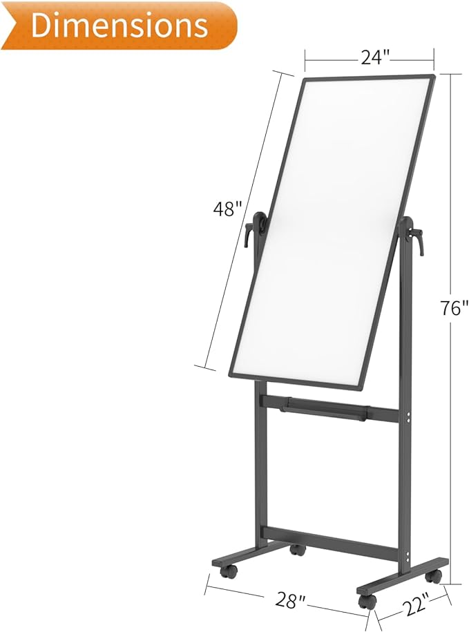 VIZ-PRO Double-Sided Magnetic Mobile Whiteboard, 48 x 24 Inches, Black Aluminium Frame and Stand