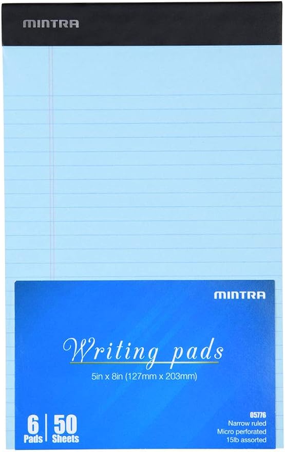 Mintra Office Colorful Legal Pads - Includes 2 Blue, 2 Pink, and, 2 Green Writing Pads, Micro Perforated Lined Sheets, Ideal for Professional & Personal Use, 5"x8" Narrow Ruled, 6 pack Basic Pastel