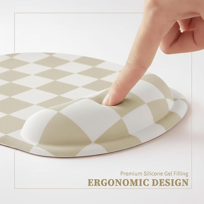 Beige White Checkered Mouse Pad with Gel Wrist Rest, Wrist Support, Ergonomic Desk Accessories for Women, Office Laptop Gaming Decor, Cute Aesthetic Check Design