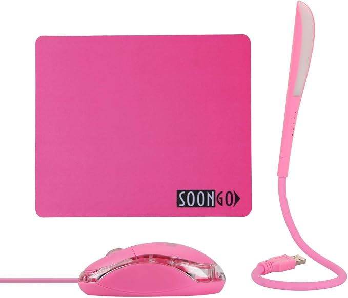 SOON GO Pink Mouse and Pad USB LED Light 3 in 1 Gift Comb Kids Mouse for Laptop Home Office Travel