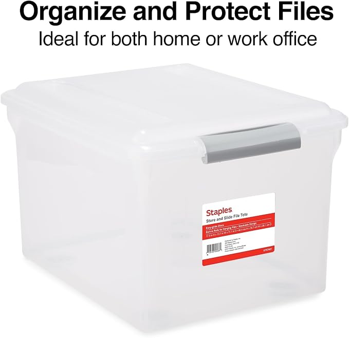 Staples Store & Slide Hanging File Box, Latch Lid, Letter/Legal Size, Clear