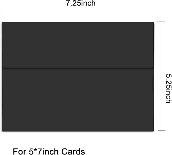 100 Packs Black 5x7 Envelopes, A7 Envelopes for Card Invitation | 120gsm envelopes, 5.25x7.25 inch fits 5x7 cards, peel & press, for weddings/cards/baby shower/photos/graduation/postcards